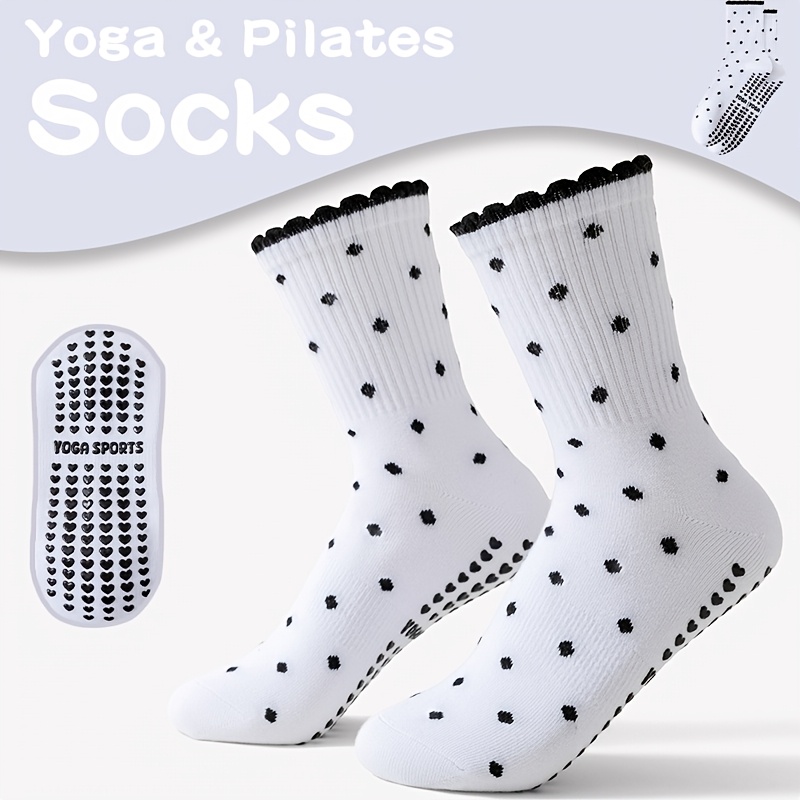 Medias Para Pilates Y Yoga - Women's White Black-Dot Non-Slip Mid-Calf yoga